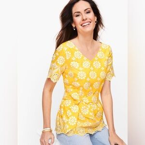 Talbots Top 12 Embellished Border Peplum Embroidered Yellow Floral Eyelet Belted